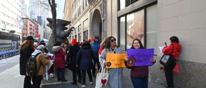 Unionized workers rallied outside of Legal Services NYC’s Manhattan office at 40 Worth St. in February amid contract negotiations. Signs read "Fair Contract Now!!"